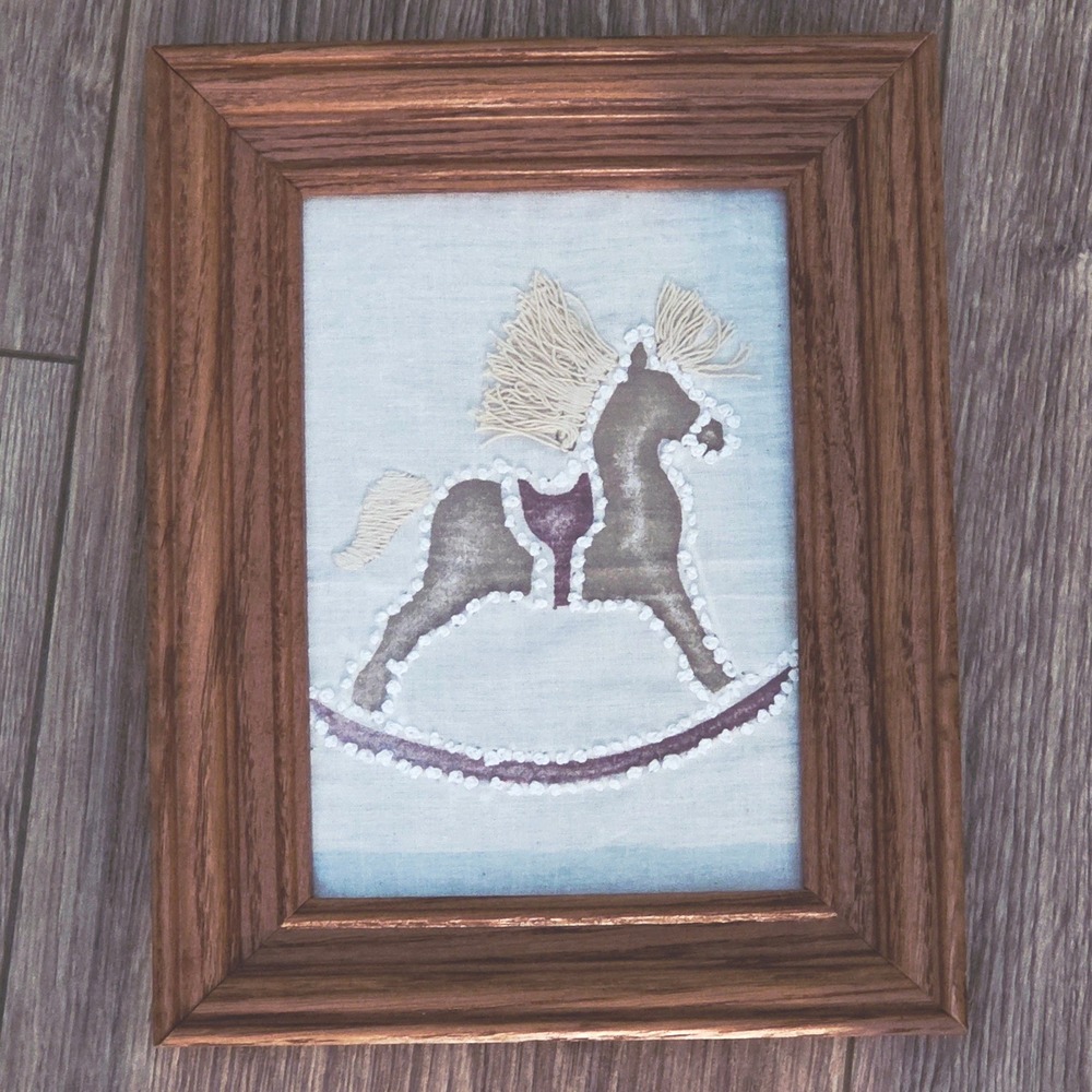 Vintage Nursery Wall Art Embroidered Horse Framed Picture Equestrian Decor